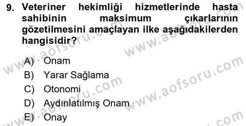 Veteriner Hizmetleri Mevzuatı ve Etik Dersi 2023 - 2024 Yılı (Vize) Ara Sınav Soruları 9. Soru