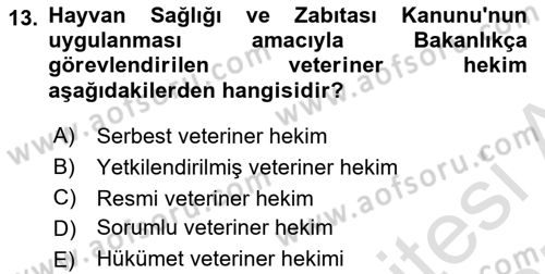 Veteriner Hizmetleri Mevzuatı ve Etik Dersi 2024 - 2025 Yılı (Vize) Ara Sınav Soruları 13. Soru