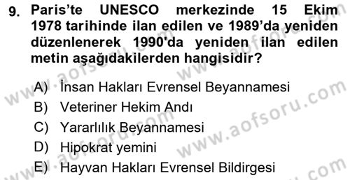 Veteriner Hizmetleri Mevzuatı ve Etik Dersi 2025 - 2026 Yılı (Vize) Ara Sınav Soruları 9. Soru
