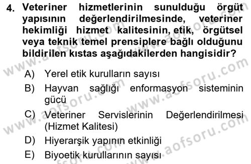 Veteriner Hizmetleri Mevzuatı ve Etik Dersi 2025 - 2026 Yılı (Final) Dönem Sonu Sınav Soruları 4. Soru