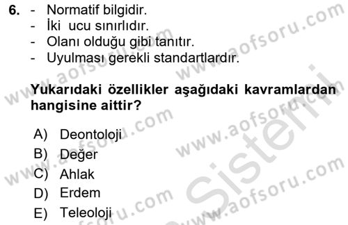 Veteriner Hizmetleri Mevzuatı ve Etik Dersi 2025 - 2026 Yılı Yaz Okulu Sınav Soruları 6. Soru