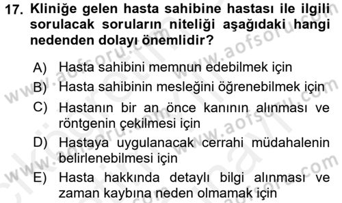 Temel Klinik Bilgisi Dersi 2017 - 2018 Yılı (Vize) Ara Sınav Soruları 17. Soru