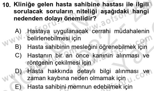 Temel Klinik Bilgisi Dersi 2022 - 2023 Yılı Yaz Okulu Sınav Soruları 10. Soru