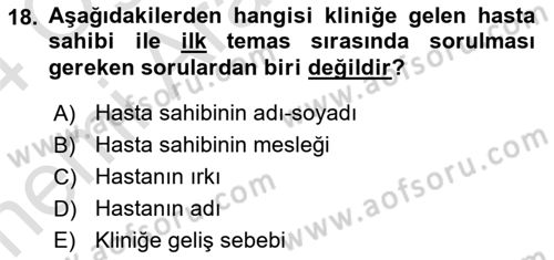 Temel Klinik Bilgisi Dersi 2023 - 2024 Yılı (Vize) Ara Sınav Soruları 18. Soru