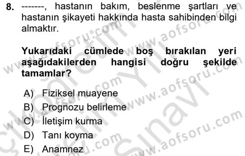 Temel Klinik Bilgisi Dersi 2023 - 2024 Yılı (Vize) Ara Sınav Soruları 8. Soru