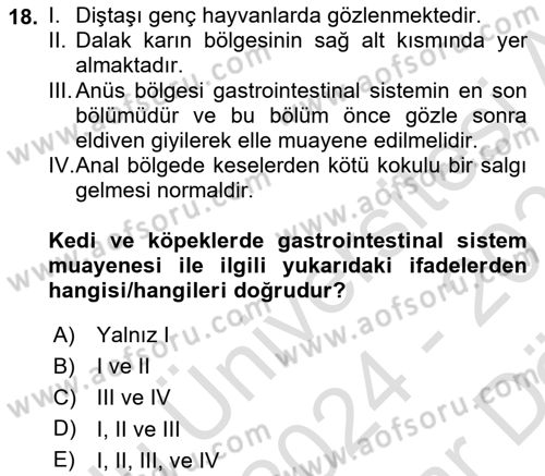Temel Klinik Bilgisi Dersi 2024 - 2025 Yılı (Vize) Ara Sınav Soruları 18. Soru