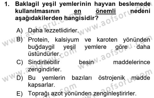 Temel Yem Bilgisi ve Hayvan Besleme Dersi 2015 - 2016 Yılı (Vize) Ara Sınavı 1. Soru