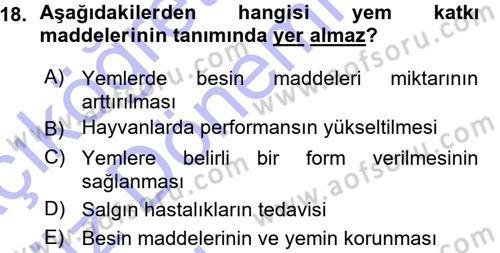 Temel Yem Bilgisi ve Hayvan Besleme Dersi 2015 - 2016 Yılı (Vize) Ara Sınavı 18. Soru