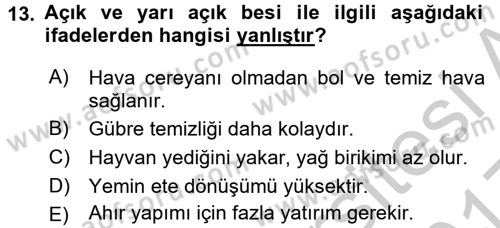 Temel Yem Bilgisi ve Hayvan Besleme Dersi 2016 - 2017 Yılı 3 Ders Sınavı 13. Soru