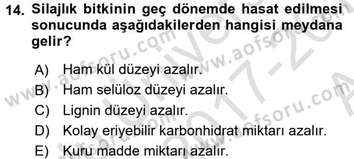 Temel Yem Bilgisi ve Hayvan Besleme Dersi 2017 - 2018 Yılı (Vize) Ara Sınavı 14. Soru