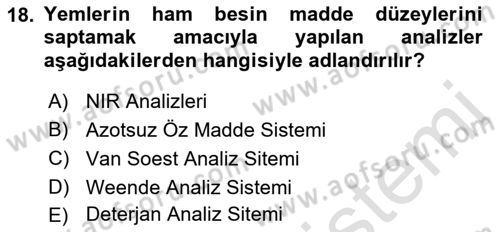 Temel Yem Bilgisi ve Hayvan Besleme Dersi 2018 - 2019 Yılı 3 Ders Sınavı 18. Soru