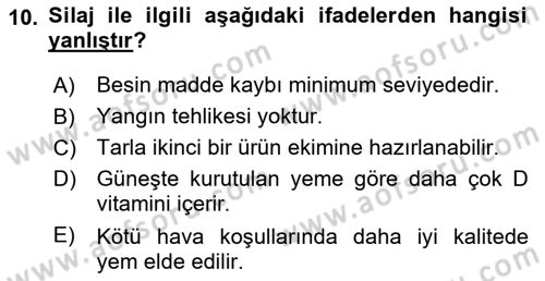 Temel Yem Bilgisi ve Hayvan Besleme Dersi 2018 - 2019 Yılı (Vize) Ara Sınavı 10. Soru