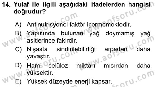 Temel Yem Bilgisi ve Hayvan Besleme Dersi 2018 - 2019 Yılı (Vize) Ara Sınavı 14. Soru