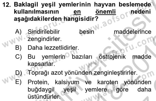 Temel Yem Bilgisi ve Hayvan Besleme Dersi 2018 - 2019 Yılı Yaz Okulu Sınavı 12. Soru