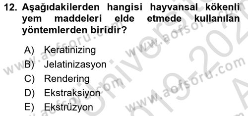 Temel Yem Bilgisi ve Hayvan Besleme Dersi 2019 - 2020 Yılı (Vize) Ara Sınavı 12. Soru