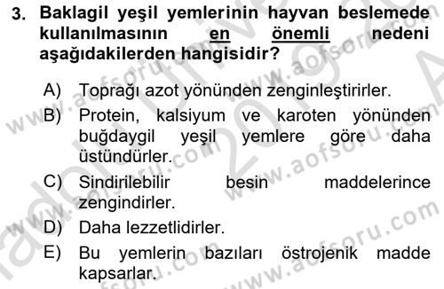 Temel Yem Bilgisi ve Hayvan Besleme Dersi 2019 - 2020 Yılı (Vize) Ara Sınavı 3. Soru