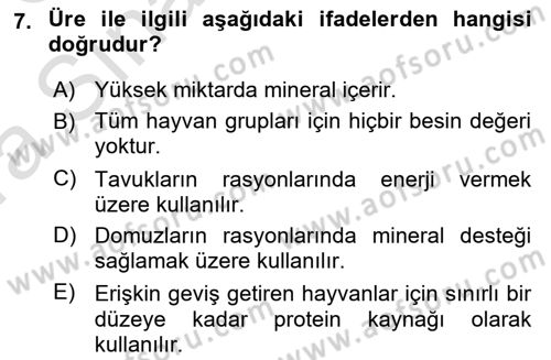 Temel Yem Bilgisi ve Hayvan Besleme Dersi 2019 - 2020 Yılı (Vize) Ara Sınavı 7. Soru