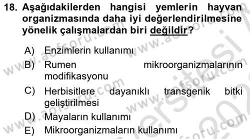 Temel Yem Bilgisi ve Hayvan Besleme Dersi 2021 - 2022 Yılı (Vize) Ara Sınavı 18. Soru