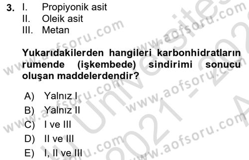 Temel Yem Bilgisi ve Hayvan Besleme Dersi 2021 - 2022 Yılı (Vize) Ara Sınavı 3. Soru