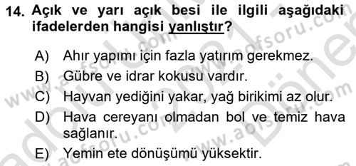 Temel Yem Bilgisi ve Hayvan Besleme Dersi 2021 - 2022 Yılı (Final) Dönem Sonu Sınavı 14. Soru