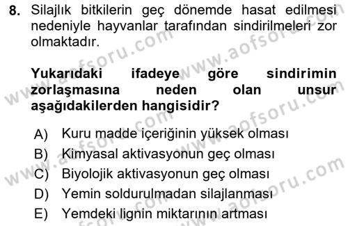 Temel Yem Bilgisi ve Hayvan Besleme Dersi 2022 - 2023 Yılı (Vize) Ara Sınavı 8. Soru