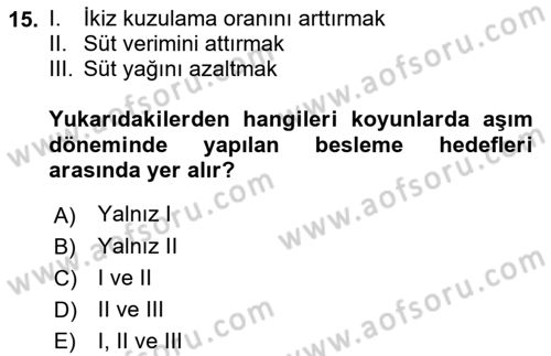 Temel Yem Bilgisi ve Hayvan Besleme Dersi 2022 - 2023 Yılı (Final) Dönem Sonu Sınavı 15. Soru