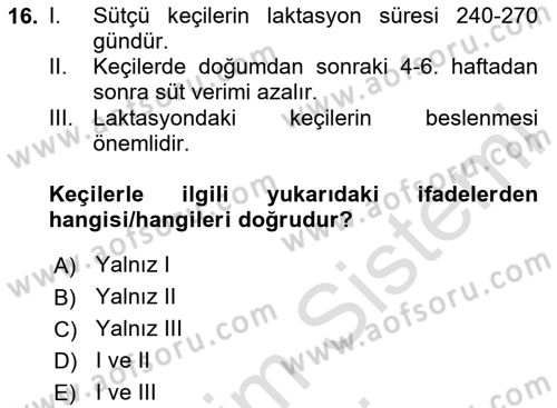 Temel Yem Bilgisi ve Hayvan Besleme Dersi 2024 - 2025 Yılı (Final) Dönem Sonu Sınav Soruları 16. Soru