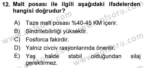 Temel Yem Bilgisi ve Hayvan Besleme Dersi 2025 - 2026 Yılı (Vize) Ara Sınav Soruları 12. Soru