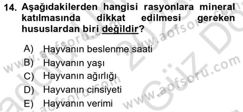 Temel Yem Bilgisi ve Hayvan Besleme Dersi 2025 - 2026 Yılı (Vize) Ara Sınav Soruları 14. Soru