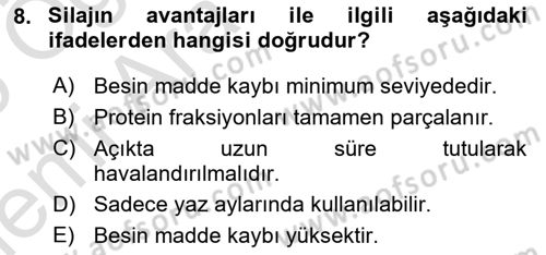 Temel Yem Bilgisi ve Hayvan Besleme Dersi 2025 - 2026 Yılı (Vize) Ara Sınav Soruları 8. Soru