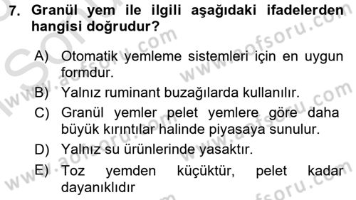 Temel Yem Bilgisi ve Hayvan Besleme Dersi 2025 - 2026 Yılı (Final) Dönem Sonu Sınav Soruları 7. Soru