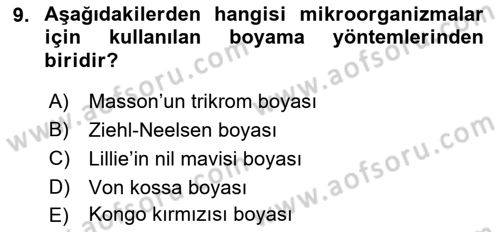 Temel Veteriner Patoloji Dersi Ara Sınavı Deneme Sınav Soruları 9. Soru