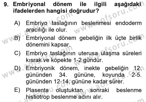 Doğum Bilgisi ve Suni Tohumlama Dersi 2024 - 2025 Yılı Yaz Okulu Sınav Soruları 9. Soru