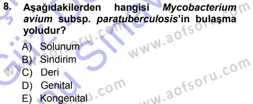 Veteriner Mikrobiyoloji ve Epidemiyoloji Dersi 2012 - 2013 Yılı (Final) Dönem Sonu Sınavı 8. Soru