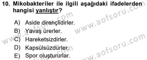 Veteriner Mikrobiyoloji ve Epidemiyoloji Dersi 2015 - 2016 Yılı Tek Ders Sınavı 10. Soru