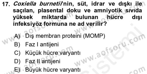 Veteriner Mikrobiyoloji ve Epidemiyoloji Dersi 2016 - 2017 Yılı (Final) Dönem Sonu Sınav Soruları 17. Soru