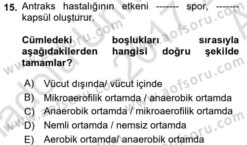 Veteriner Mikrobiyoloji ve Epidemiyoloji Dersi 2017 - 2018 Yılı (Vize) Ara Sınav Soruları 15. Soru