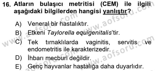 Veteriner Mikrobiyoloji ve Epidemiyoloji Dersi 2017 - 2018 Yılı (Vize) Ara Sınav Soruları 16. Soru