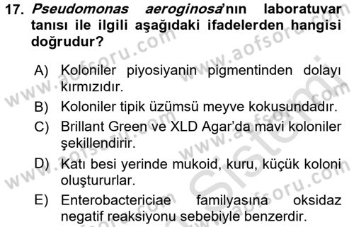 Veteriner Mikrobiyoloji ve Epidemiyoloji Dersi 2017 - 2018 Yılı (Vize) Ara Sınav Soruları 17. Soru