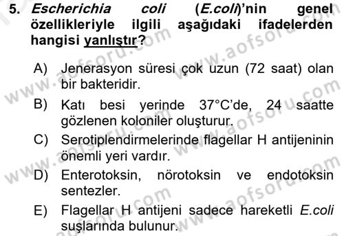 Veteriner Mikrobiyoloji ve Epidemiyoloji Dersi 2017 - 2018 Yılı (Final) Dönem Sonu Sınavı 5. Soru