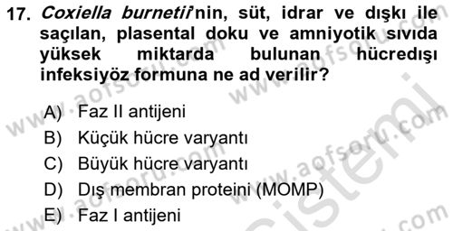 Veteriner Mikrobiyoloji ve Epidemiyoloji Dersi 2018 - 2019 Yılı 3 Ders Sınavı 17. Soru