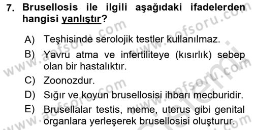 Veteriner Mikrobiyoloji ve Epidemiyoloji Dersi 2018 - 2019 Yılı 3 Ders Sınavı 7. Soru