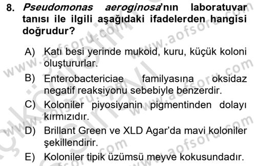 Veteriner Mikrobiyoloji ve Epidemiyoloji Dersi 2018 - 2019 Yılı 3 Ders Sınavı 8. Soru