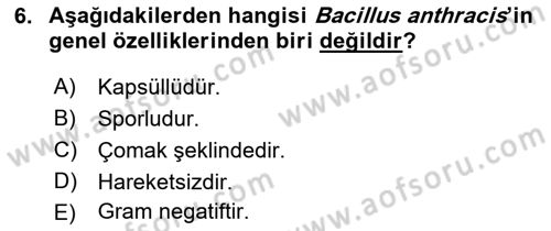 Veteriner Mikrobiyoloji ve Epidemiyoloji Dersi 2018 - 2019 Yılı Yaz Okulu Sınav Soruları 6. Soru