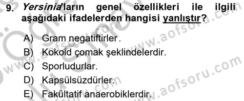 Veteriner Mikrobiyoloji ve Epidemiyoloji Dersi 2018 - 2019 Yılı Yaz Okulu Sınav Soruları 9. Soru