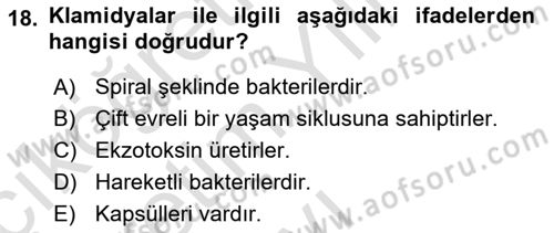 Veteriner Mikrobiyoloji ve Epidemiyoloji Dersi 2020 - 2021 Yılı Yaz Okulu Sınav Soruları 18. Soru