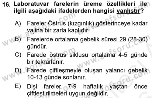 Laboratuvar Hayvanlarını Yetiştirme ve Sağlığı Dersi 2015 - 2016 Yılı (Vize) Ara Sınav Soruları 16. Soru