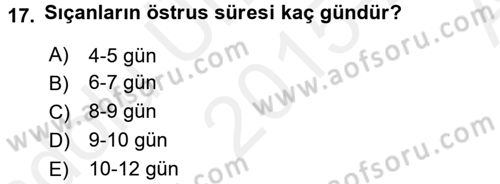 Laboratuvar Hayvanlarını Yetiştirme ve Sağlığı Dersi 2015 - 2016 Yılı (Vize) Ara Sınav Soruları 17. Soru