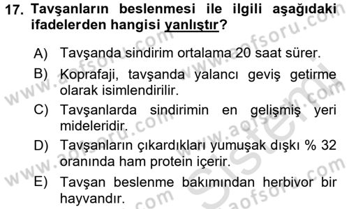 Laboratuvar Hayvanlarını Yetiştirme ve Sağlığı Dersi 2015 - 2016 Yılı (Final) Dönem Sonu Sınav Soruları 17. Soru