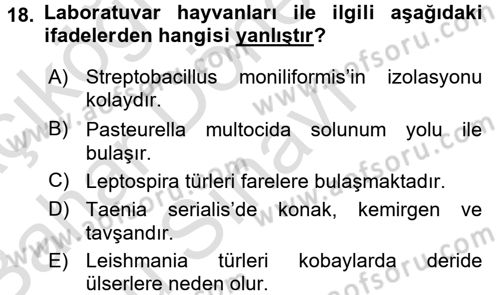 Laboratuvar Hayvanlarını Yetiştirme ve Sağlığı Dersi 2015 - 2016 Yılı (Final) Dönem Sonu Sınav Soruları 18. Soru